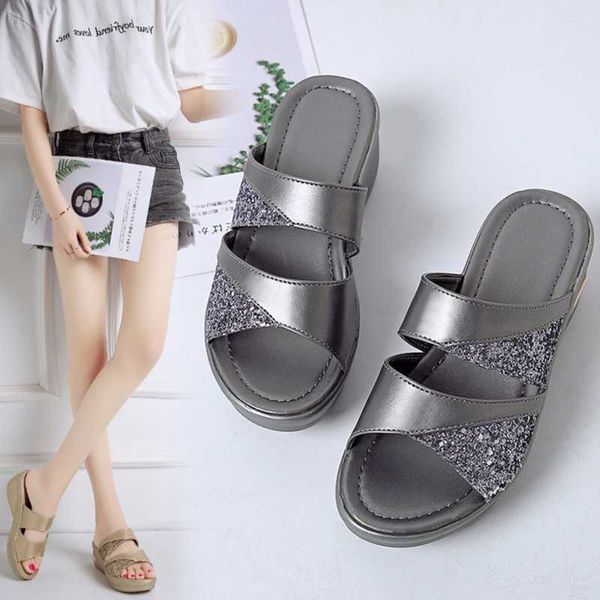 

женщины spring bling тапочка женщина обувь женская искусственная кожа клинья плоские туфли женский повседневный босоножки сандалии удобная п