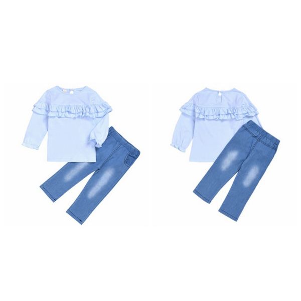 

cotton baby pants set for girls autumn baby girl casual long sleeve ruffle design blouse +denim long pants set n, White