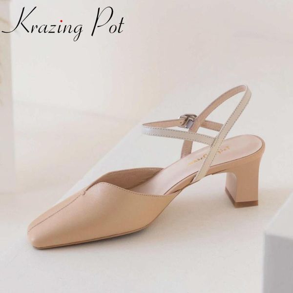 

krazing pot 2020 new style mixed color shoes women full grain leather square toe high heels dress dating summer cozy sandals l63, Black