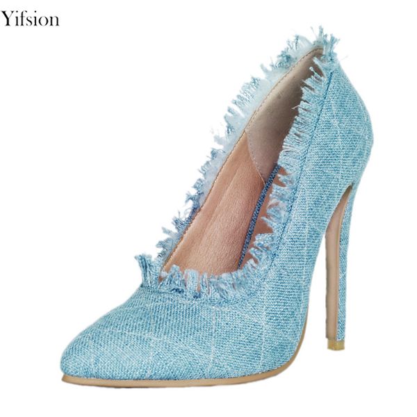 

rontic new women denim pumps thin high heel women shoes nice pointed toe elegant blue casual shoes women plus us size 5-15, Black