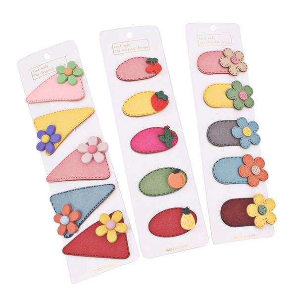 

5pcs/set children cute cartoon fruit flower hairpins girls colors synthetic leather baby girl's hair clips kids hair accessories, Slivery;white