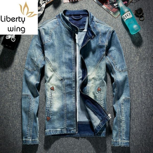 

vintage motorcycle stand collar zippers mens denim jackets korean slim fit fashion casual streetwear plus size outerwear coats, Black;brown