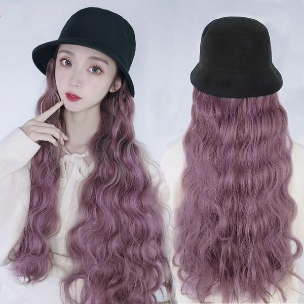 

long corn curly with hat wig synthetic heat resistant long water ripple wavy fake hair botten lavender purple for women, Black