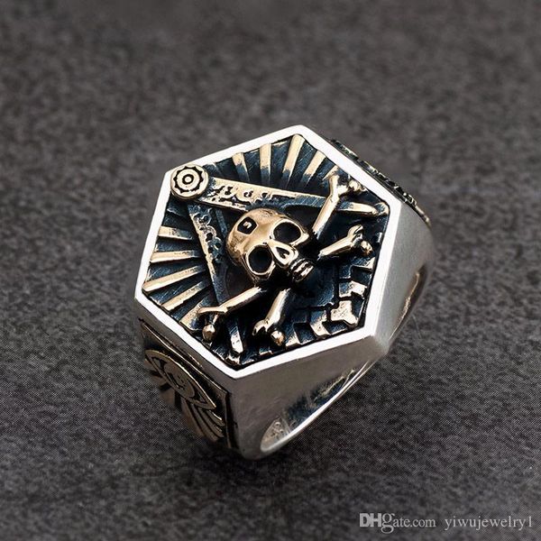 

men's vintage masonic ring hexagon skull stainless steel masonic totem punk jewelry bike ring size 7-14, Silver