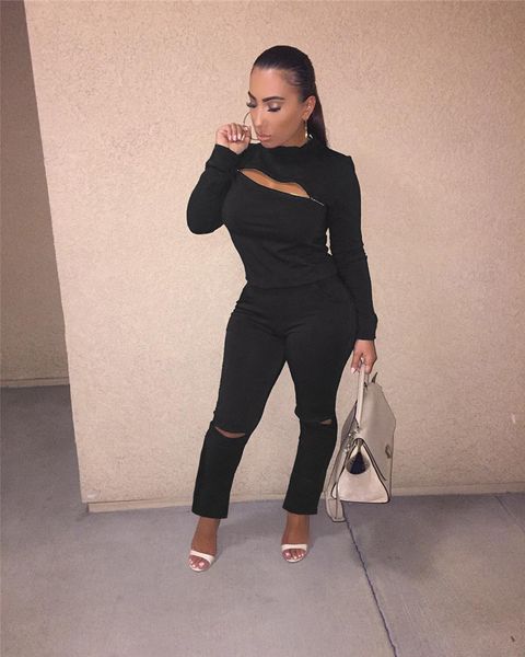 

spring женские твердые разорванные костюмы zip hole пуловер дамские 2pcs штаны с длинным рукавом мода женский 2pcs наборы, White