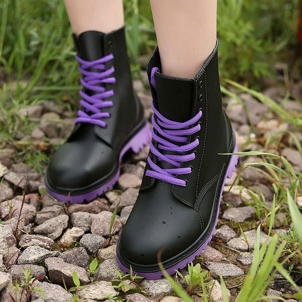 

women's rain boots waterproof shoes woman water shoes rubber lace up pvc boots sewing solid fashion rainboots, Black
