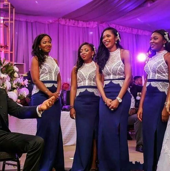 

plus size south african royal blue bridesmaid dresses 2020 romantic lace high neck zipper maid of honor dress prom formal evening gowns, White;pink