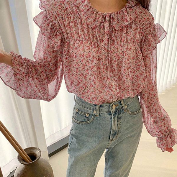 

women summer blouse shirts 3 colors v-neck single breasted ruffles floral print casual chiffon t shirts 2020 new, White