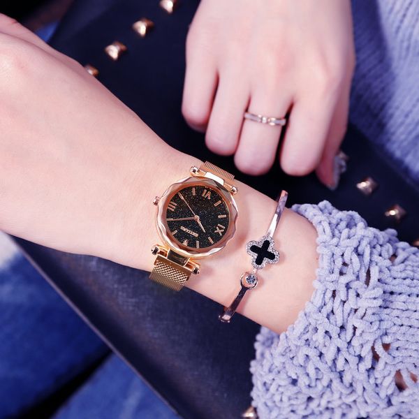 

new 2019 ladies watch star magnetic watch strap fashion casual style quartz ladies clock hour hodinky, Slivery;brown