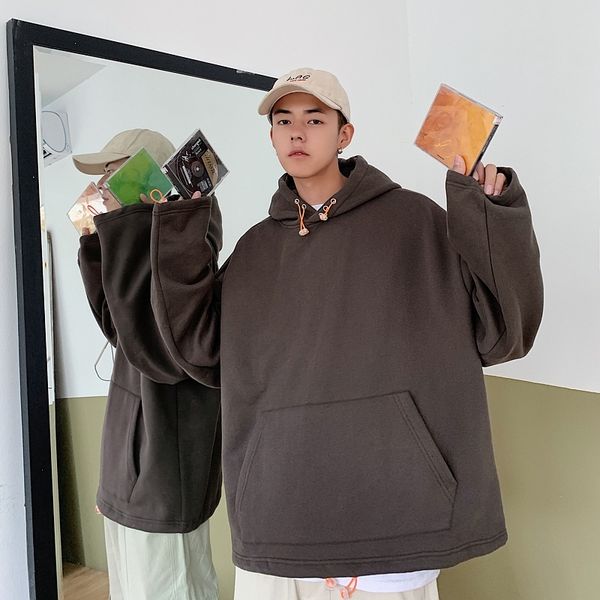 

2019 autumn and winter new hooded plus velvet sweatshirt fashion casual solid color pullover green / black / dark gray grey