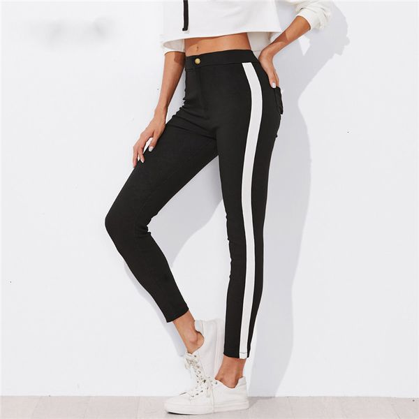 

women sport leggings ladies pants contrast panel side skinny ankle jeans straight leg zipper fly pants women black sporting striped, Black;white