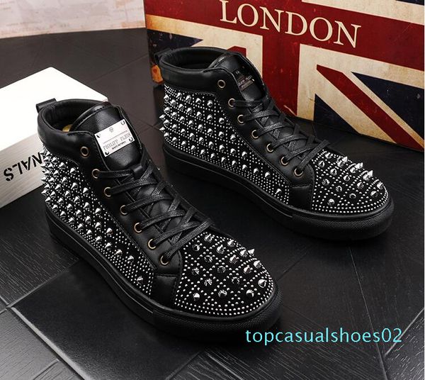 

new men luxury rivets sneakers spikes men shoes high punk men casual shoes sheet metal platform shoes ankle t02, Black