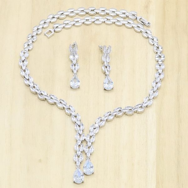 

silver wedding jewelry sets for women white cubic zirconia necklace long earrings birthday gift