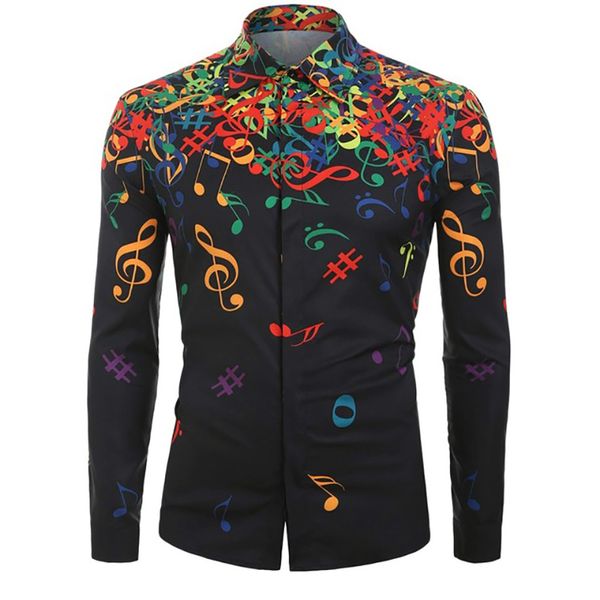 

men shirts casual slim fit streetwear musical note printed blouse black lapel button shirt long sleeve casual tees, White;black