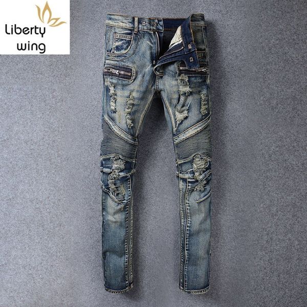 

skinny motor men's jeans hole ripped jean mens 2020 male wear fashion brand pants for men classical vaqueros plus size 42, Blue
