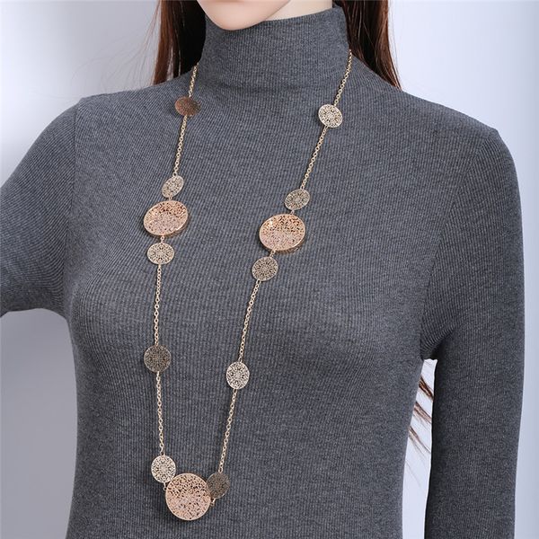 

gold long necklace round hollow 3d crystal pendant maxi necklaces for women statement jewelry 2018 fashion sweater bijoux, Silver