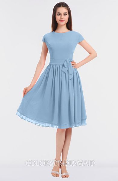 Chiffon azul curto modesto vestidos de dama de honra com mangas de tampa 2019 novo joelho comprimento a linha verão modesta empregadas de honra vestido