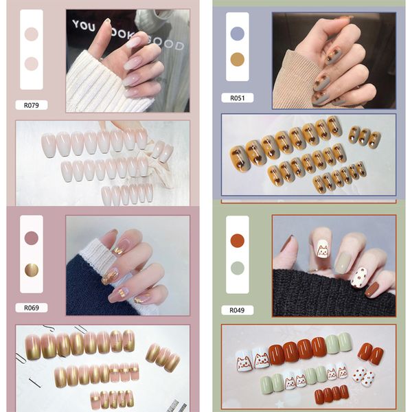 

24pcs golden french false nails leopard spotted japanese korean cartoon kitten nail tips silver transparent fake nails manicure, Red;gold