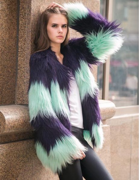 

faux fox fur long coat parka stitching hit color striped imitation mink fur long-haired jacket covered button faux fur cardigan, Black