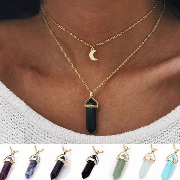 

fashion natural stone moon pendant layered necklace crystal quartz bullet hexagonal prism point healing charm gold chains for women jewelry, Silver