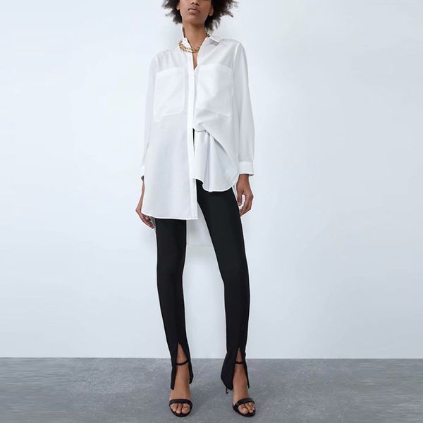

women's blouses & shirts casual women spring cotton long blouse pockets turn down collar loose ladies streetwear white xz2282