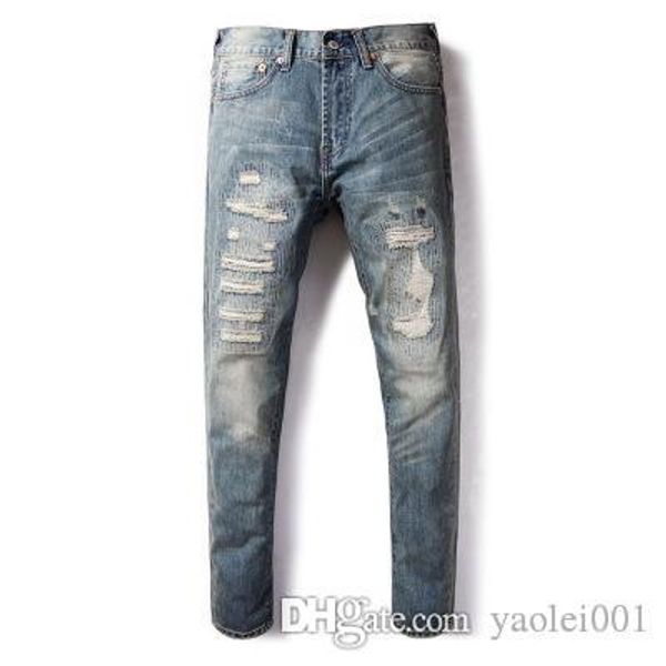 

mens designer fashion luxury jeans trends japanese vintage old high elastic slim feet denim pants, Blue