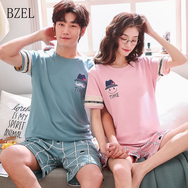 

bzel 2019 new fashion lovers pajamas boyfriend girlfriend short sleeve casual nightwear plaid shorts couple clothes sleep lounge, Black;brown