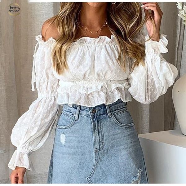 

off shoulder slash neck women crop and blouse casual holiday white embroidery beach shirt female short blouse
