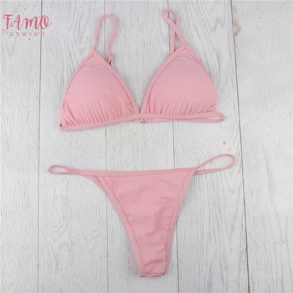 

two pieces swimsuit beachwear women solid pink white padded bra g string thong bikini micro swimwear summer bathing suit biquini, White;black