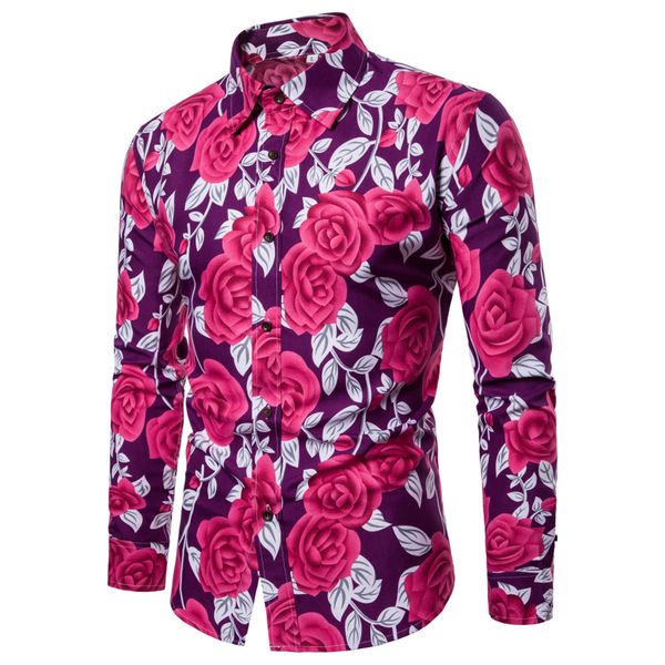 

fashion men'srose flower printed blouse casual long sleeve slim fit shirts summer beach cotton lapel shirt camisas hombre#s, White;black