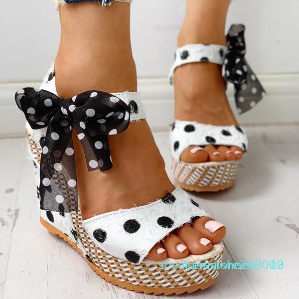 

women's ladies platform wedges heel sandals fashion dot lace-up shoes footwear platform wedge slides beach shoes chaussures s09, Black