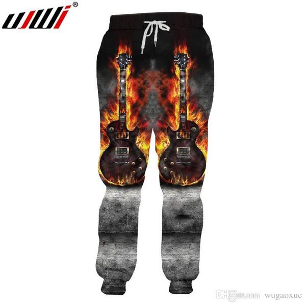 

ujwi men's new cool dropshipping sweatpants 3d printed creative flame guitar stitching vortex clothing man spandex pants, Black