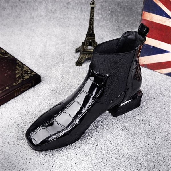 

women boots shiny pu leather spring autumn shoes woman spuare toe block heels elastic ankle boots female botas mujer 698, Black