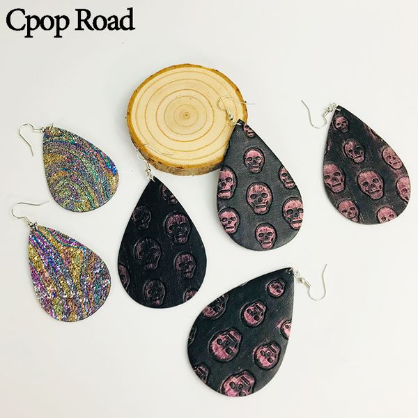 

faux leather earrings for women skull pattern black drop dangle earrings bright pu leather cool punk jewelry girl fashion accessories party, Silver