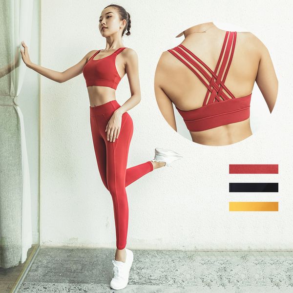 

2020 new yoga suit suit european and american female cross beauty back shirt quick-drying clothes tights women two-piece