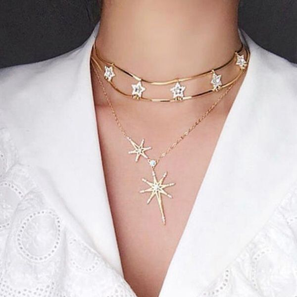 

модные ожерелья 2019 партии вечера женщин способа многослойная rhinestone инкрустированные ожерелье звезды, Silver