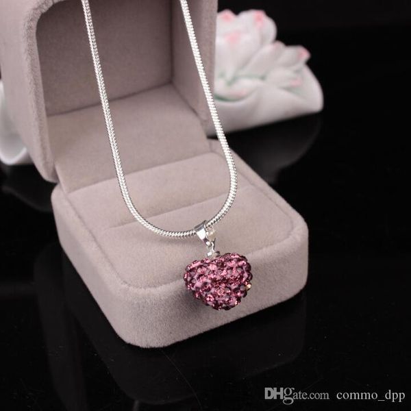 

korean crystal heart shape pendant necklace silver plated snake chains rhinestone disco bead charm for women fashion jewelry
