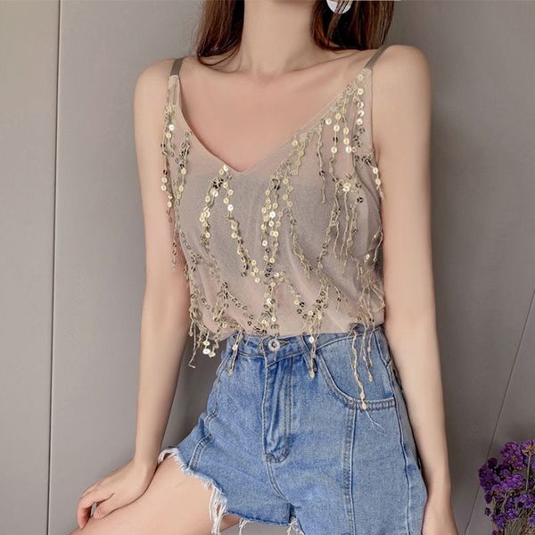 

women's tanks & camis women summer tank versatile slim v-neck sparkling sequined sling bottoming stretch casual camisole, White