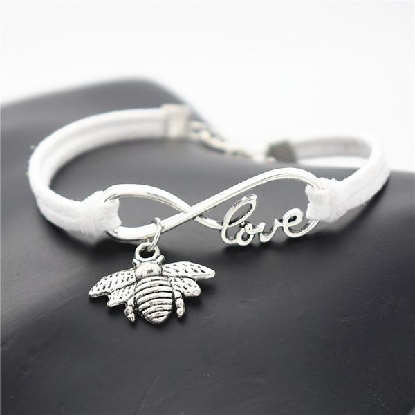 

afshor fashion antique silver insect cute honeybee bee charm pendant infinity love gifts leather suede bracelet for women men unique jewelry, Golden;silver