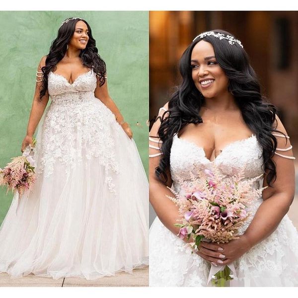 

modest african plus size wedding dresses 2020 spaghetti straps robe de mariee a line tulle applique custom made sweep train bridal gowns, White