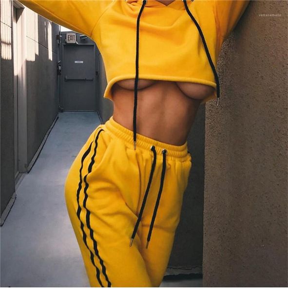 

yellow color women designer tracksuits fashion stripe panelled crop hooded two piece pants casual womens plus size clothes, Gray