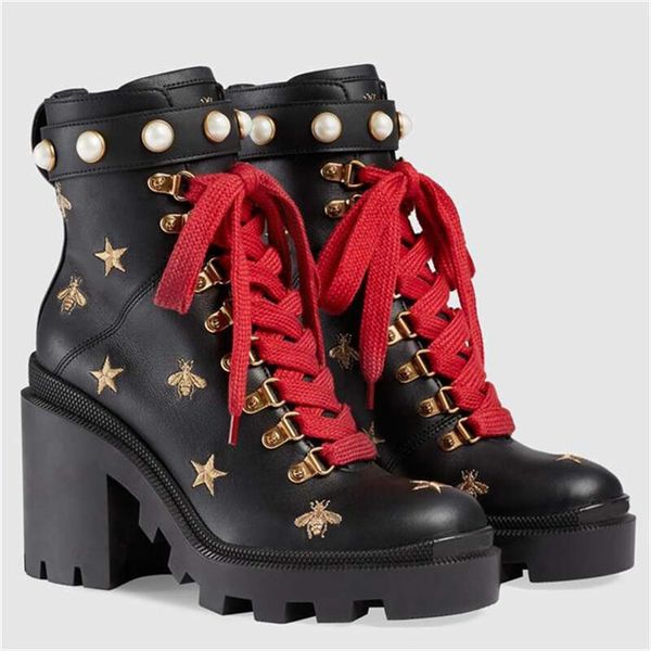 

new designer women shoes fashion british boots round toe martin boots buckle strap chunky heel round toes fashion embroidered ankle boots, Black