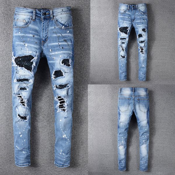 

2019 new fshion men jeans italian style blue color zipper skinny fit knee hole ripped jeans for men streetwear pants