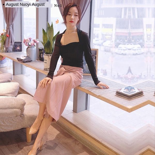 

knitted base coat shoulder temperament long sleeve knitted t- base coat shoulder temperament slim long sleeve t-shirt slim shirt, White