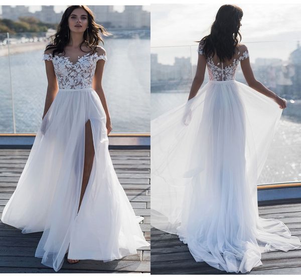 

2020 summer beach bohemian lace chiffon wedding dresses a line split sheer cap sleeve appliqued floor length bridal wedding gowns cheap, White
