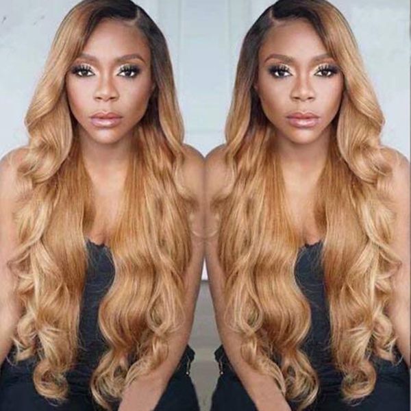 

glueless full lace wig ombre blonde 1b/27 color 360 lace front human hair wigs preplucked with baby hair body wave 13x6 lace front wig, Black