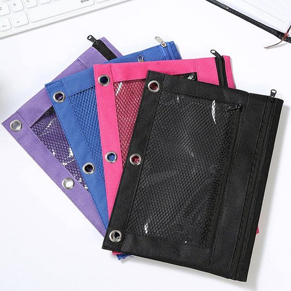 

pencil pouch case binder double zipper file stationery bag oxford cloth dual pocket mesh window pencil bag multicolor