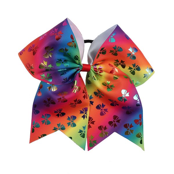

5pcs/lot 7" jojo unicorn print ribbon cheer bows with elastic bands for girl kids cheerleading bows rubber hair accessories, Slivery;white
