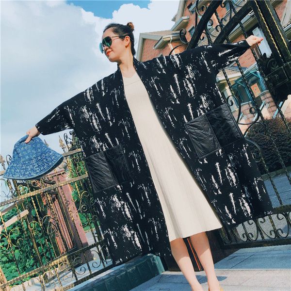 

fashion design extra big size women's clothing 2019 autumn and winter new long bat sleeve loose knit coat woolen cardigan f2095, Black