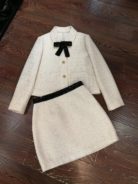 

2019 женская мода набор sequined ленты короткая куртка + юбка 2 piece set 1114, White